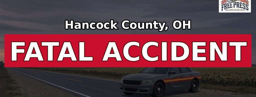 Illustration: Hancock County, OH fatal accident graphic with a highway patrol cruiser on a rural road
